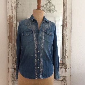 Lucky Brand Denim Western Shirt Metallic Trim S/P